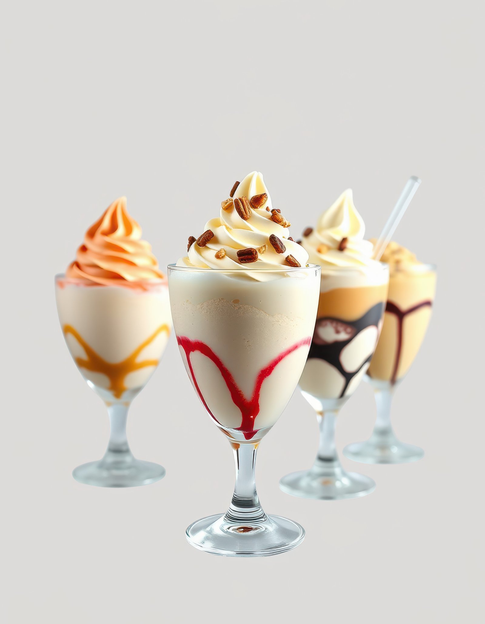 Delicious ice cream sundaes served in elegant glasses with various toppings displayed on a neutral background